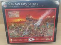 Puzzle cover of a cartoon rendering of many fans at a Kansas City Chiefs football game