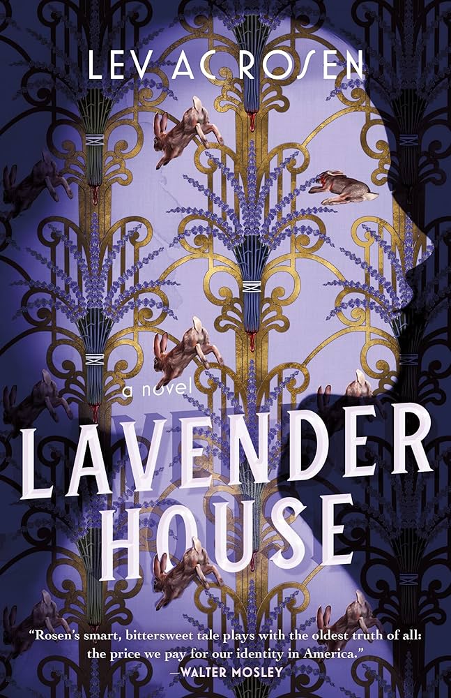 Book cover of Lavender House by Lev A.C. Rosen showing the silhouette of a woman but instead of a shadow it shows purple wall paper.