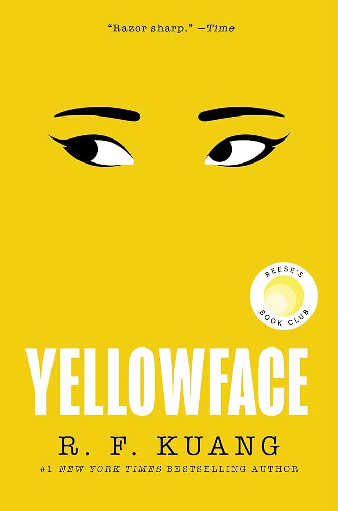 Book cover of Yellowface that is a yellow book with a set of eye drawn on the cover.