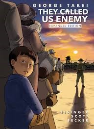 Book cover of They Called Us Enemy by George Takei showing an artistic drawing of a young boy standing in a line while a soldier stands nearby.