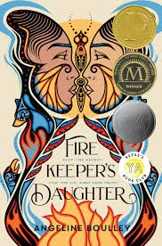 Book cover of Firekeeper's Daughter by Angeline Boulley showing an artistic drawing of two women looking at each other but their faces also make the wings of a butterfly.