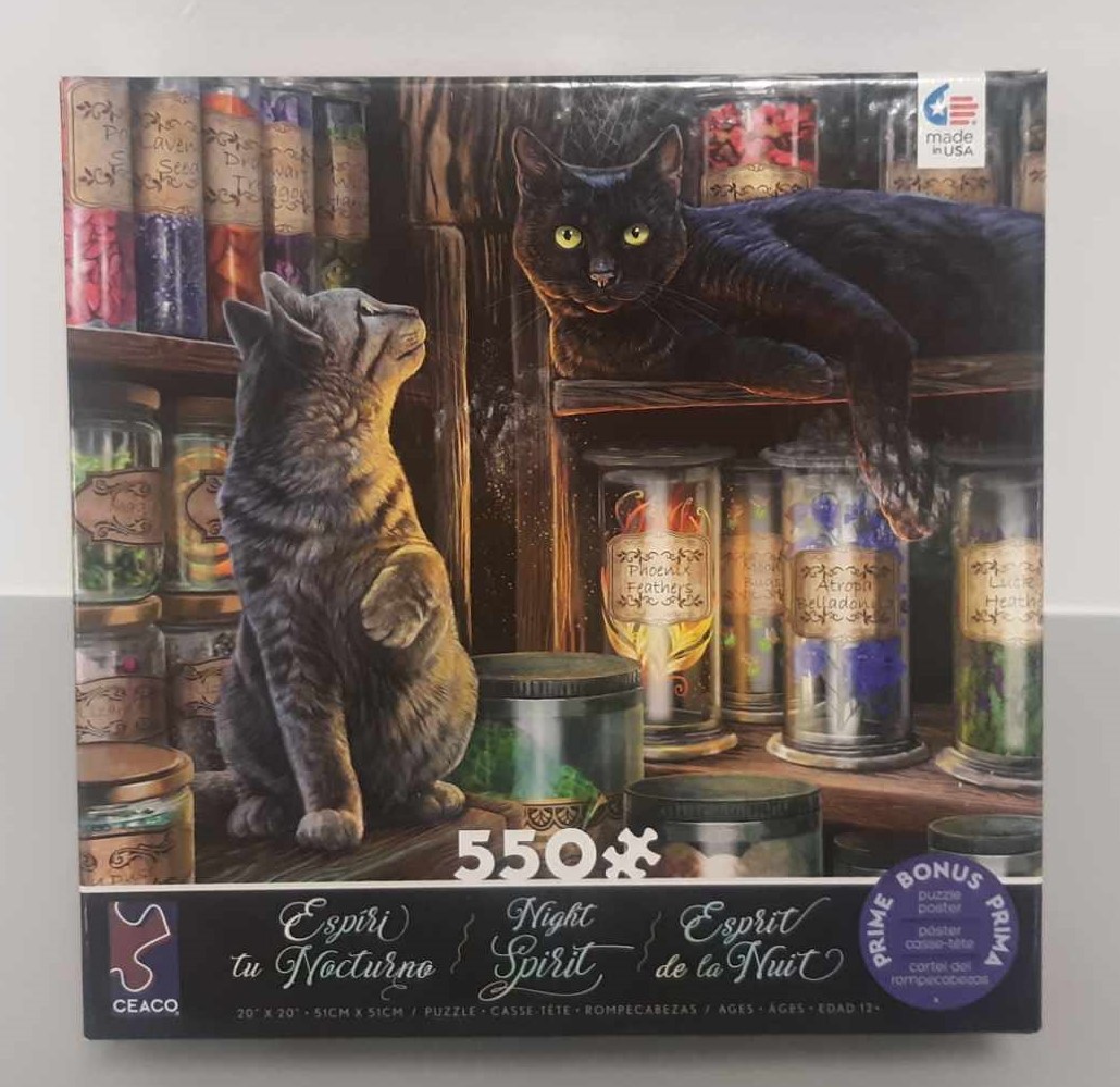 Image of puzzle cover titled "Night Spirit" with two cats sitting on shelves surrounded by multiple bottles of ingredients.