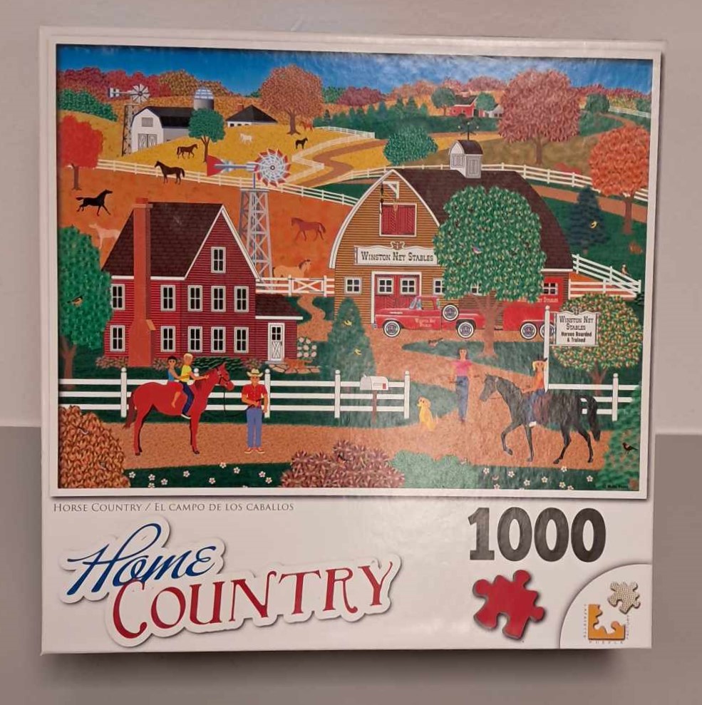 Image of a puzzle cover with a cartoon rendering of a farm with several horses.