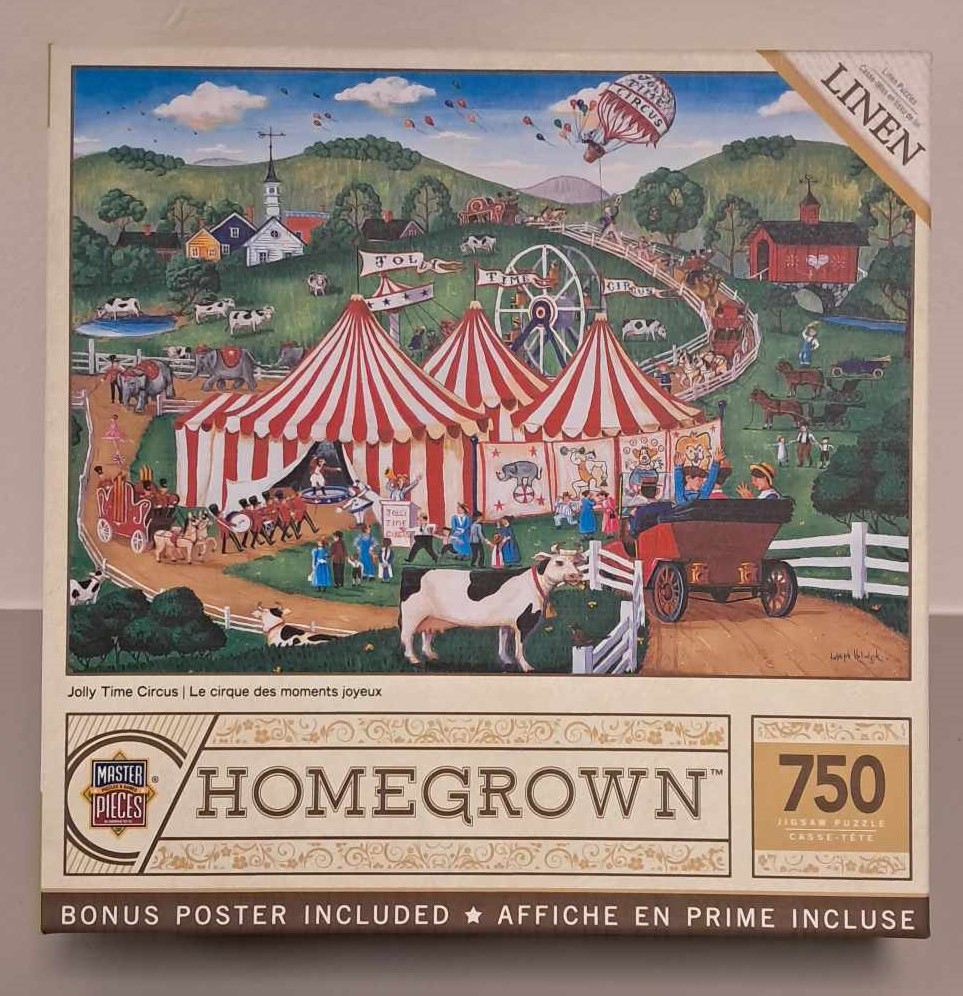 Image of a puzzle cover with a cartoon rendering of a circus with Big Top Tents and a Ferris Wheel.