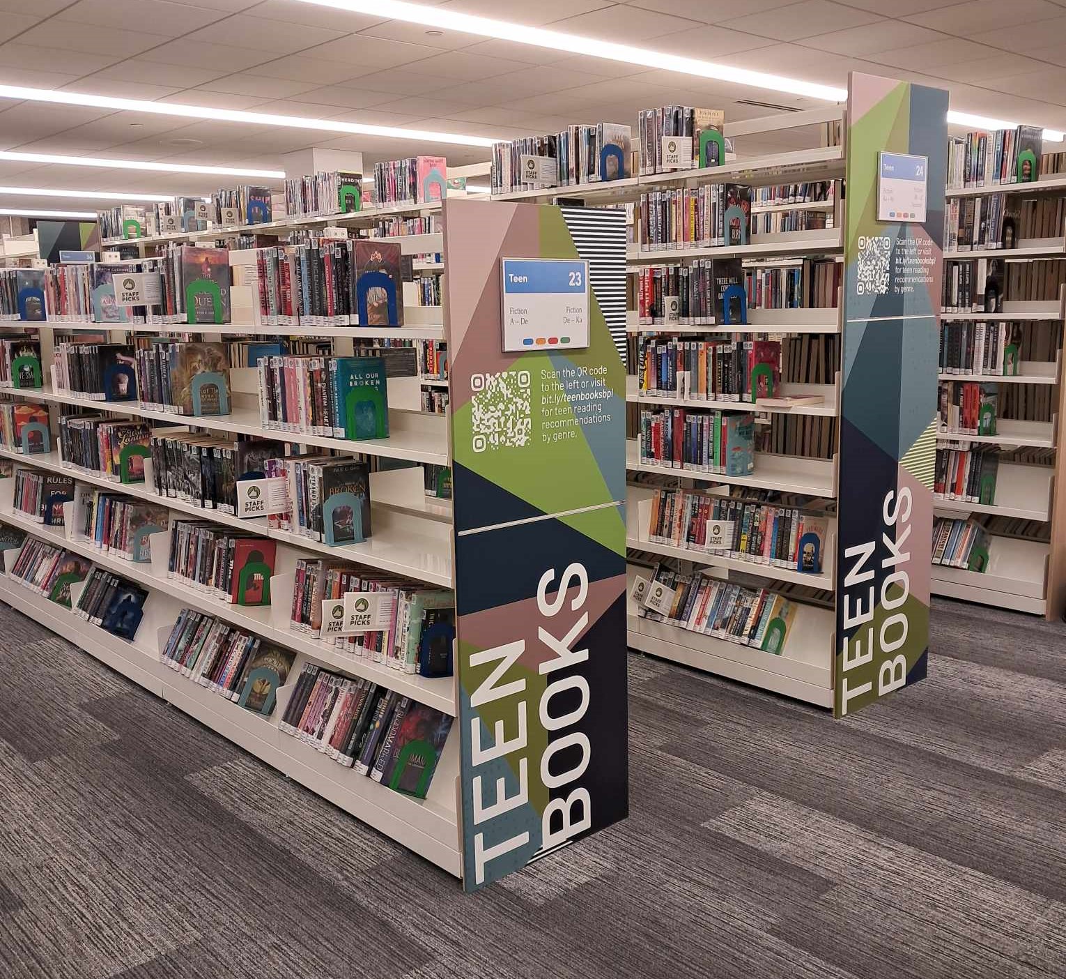 Image of the Teen Book Shelves located on the 2nd Floor of the Library right outside the TeenZone room.