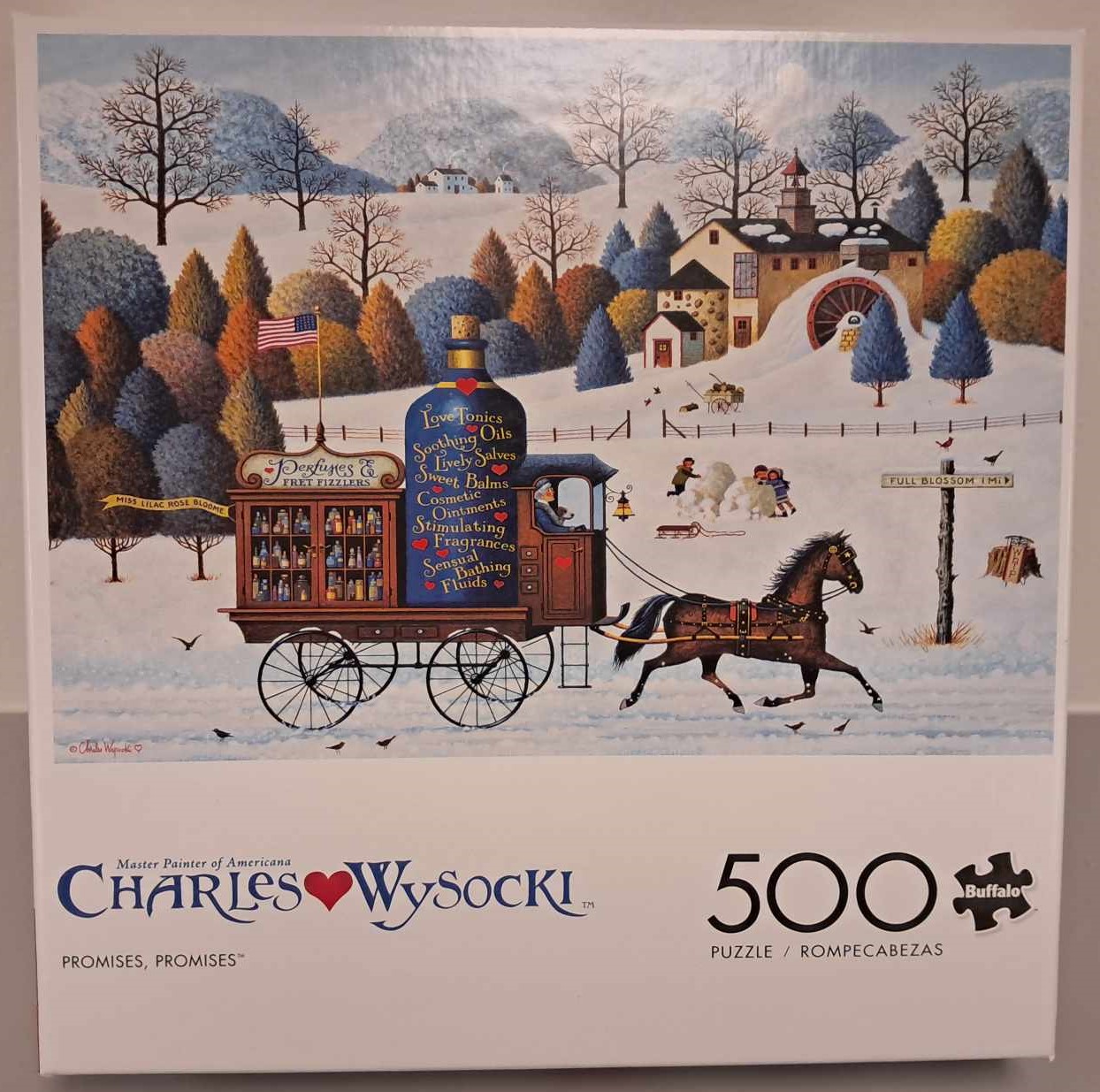 Image of a puzzle cover with a cartoon drawing of a snowy hill side and a horse and carriage carrying medicine.