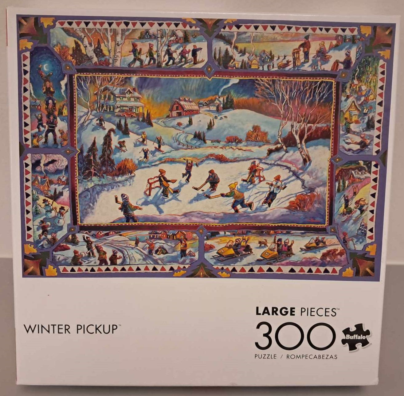 Image of a puzzle cover with cartoon renderings of a winter scene where people are doing a variety of winter activities like sledding and skiing.