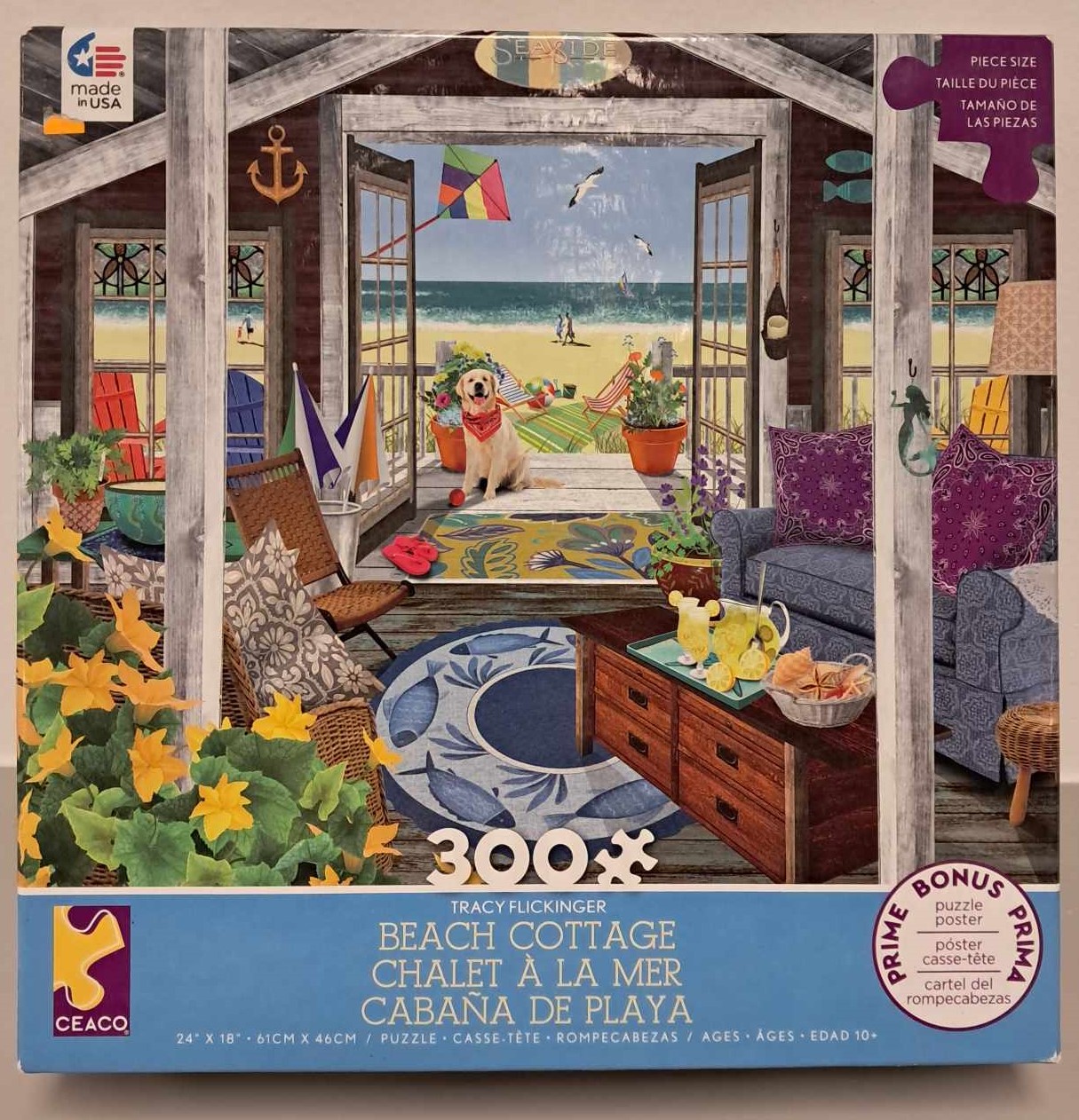 Puzzle Cover of an artistic drawing of a beach front house with the patio doors open showing the beach in the distance and a dog with a red bandanna sitting at the doorway.