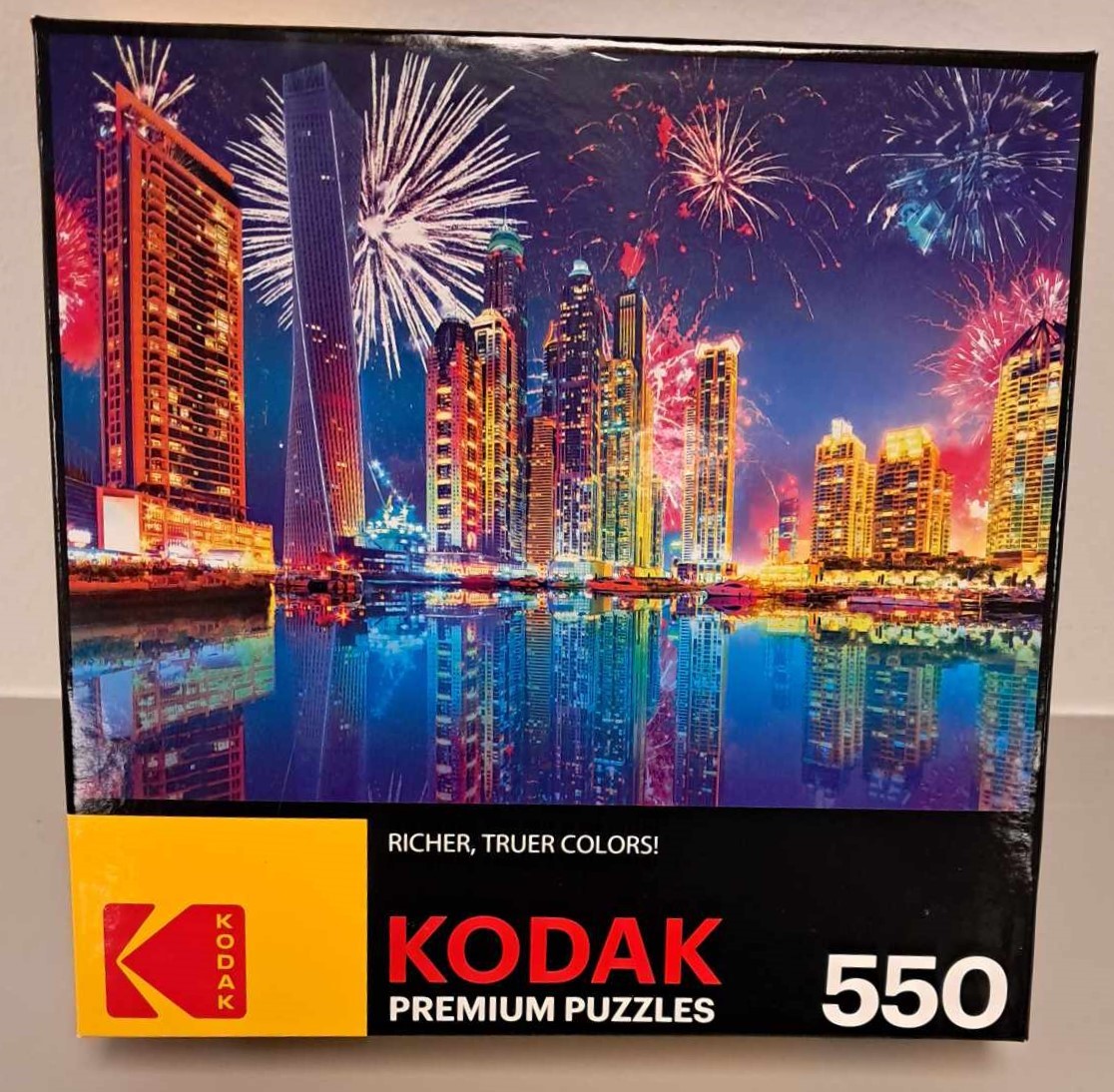 Puzzle cover showing an image of a city skyline while fireworks are exploding in Dubai.