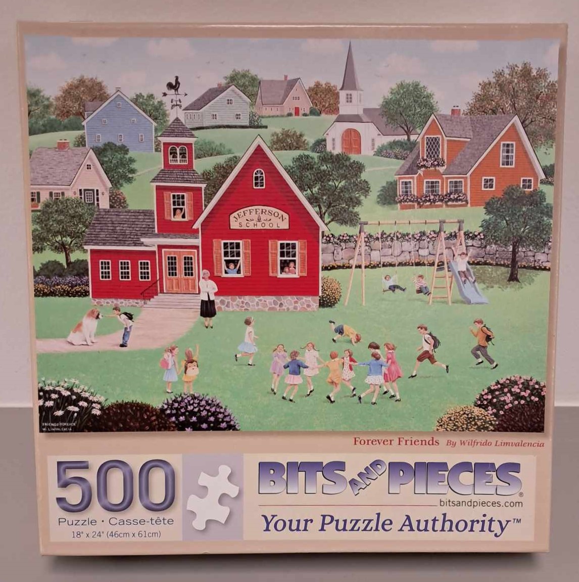 Puzzle Cover with an artistic drawing of a red school building and children playing outside.