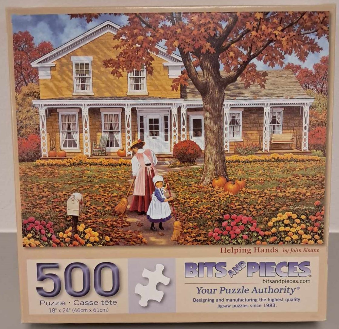 Puzzle cover showing an image of a house during autumn and a woman a girl sweeping leaves off the sidewalk.