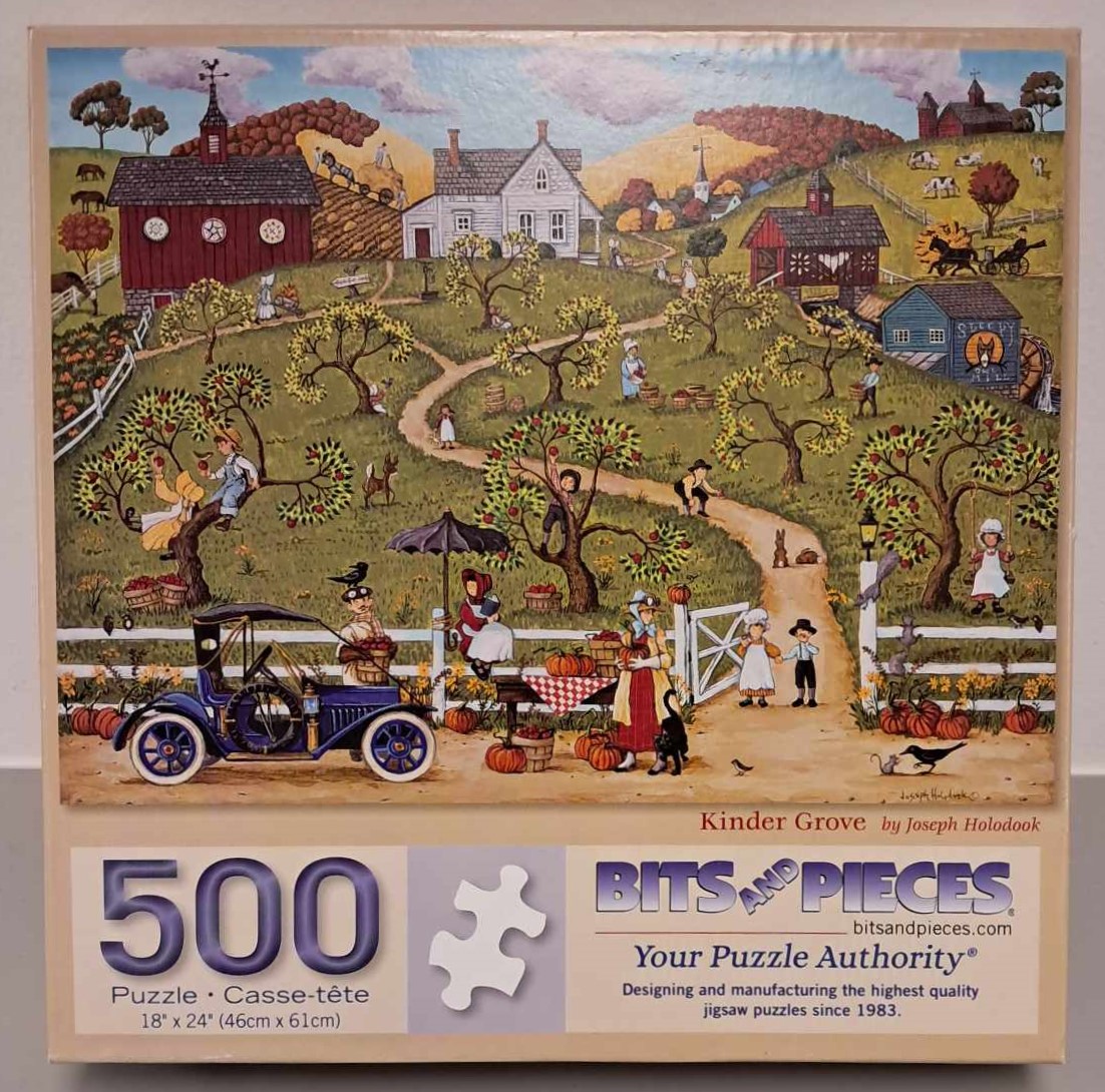 Puzzle cover showing a cartoon drawing of children on a hillside playing.