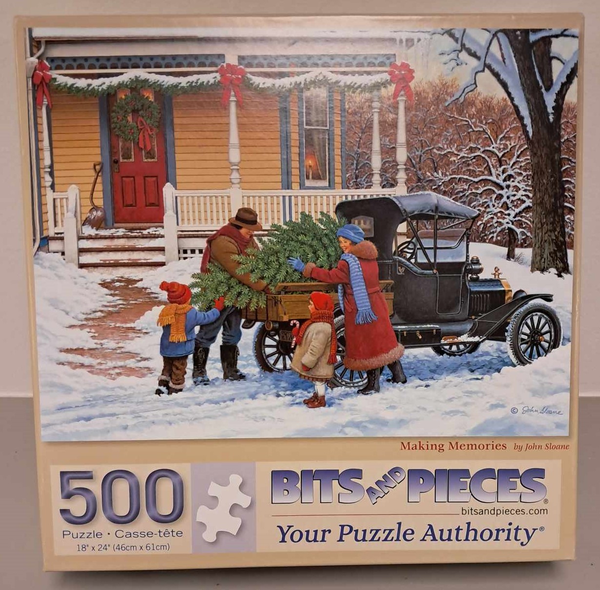 Puzzle cover showing a family putting a chopped down pine tree in the back of an old style car.