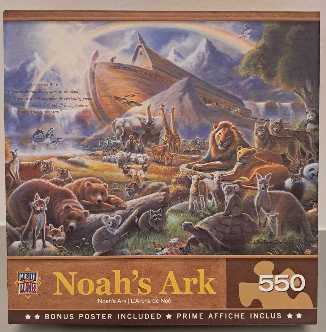 Puzzle cover with an image of the Bible story, Noah's Ark with the large ship and multiple animals, and a rainbow.