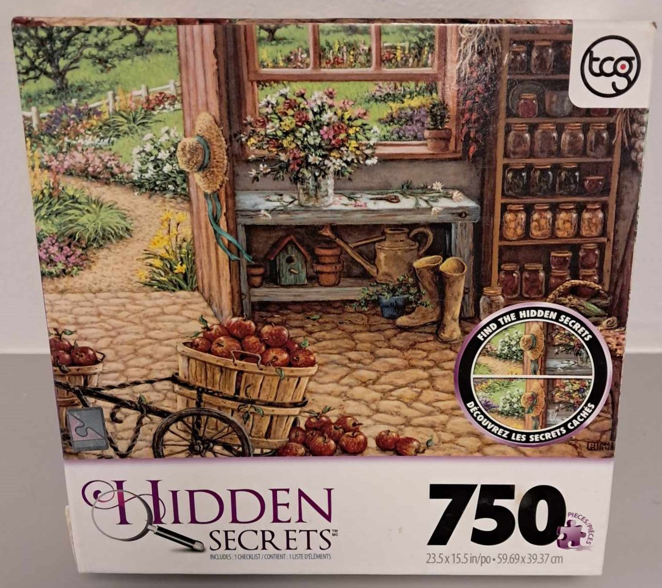 Puzzle cover showing an artistic drawing of the inside of a potting shed with jars and flowers and a basket of apples.