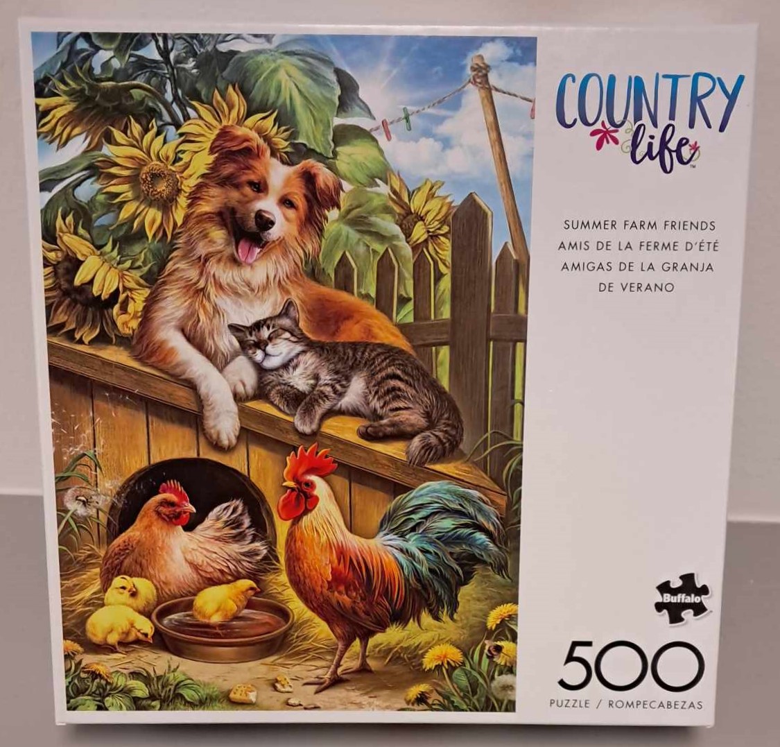 Puzzle cover with an artistic drawing of a dog and cat cuddling on top of a chicken coop with a rooster, chicken, and baby chicks nearby.