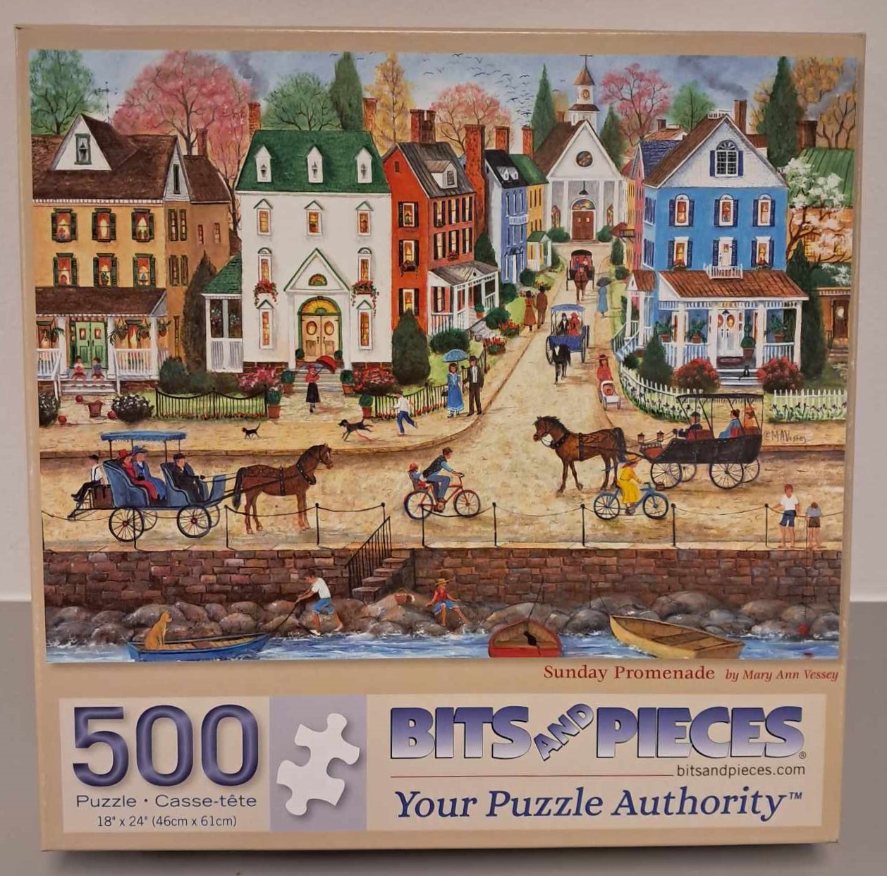 Puzzle Cover showing multiple buildings of different colors and streets with horse and buggies being pulled along.