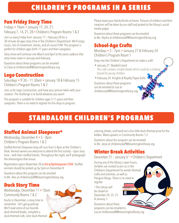 Winter 2024-2025 programs at Bloomington Public Library for Children page 3