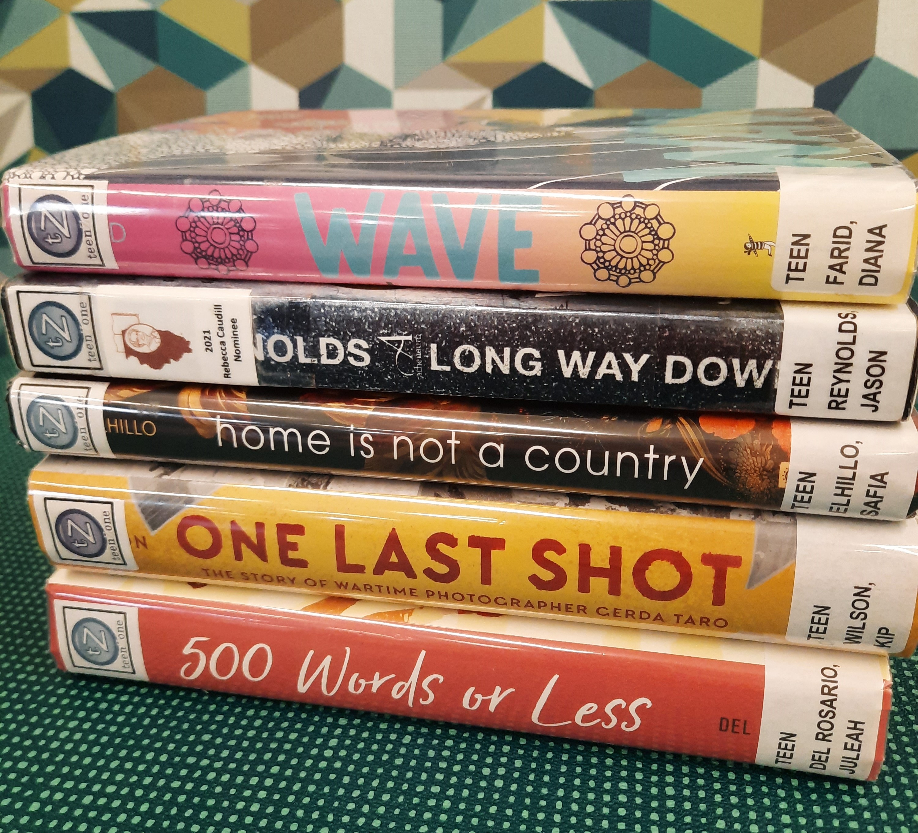 Book stack showing the following titles: "Wave," "Long Way Down," "Home is not a country," "One Last Shot," and "500 Words or less"