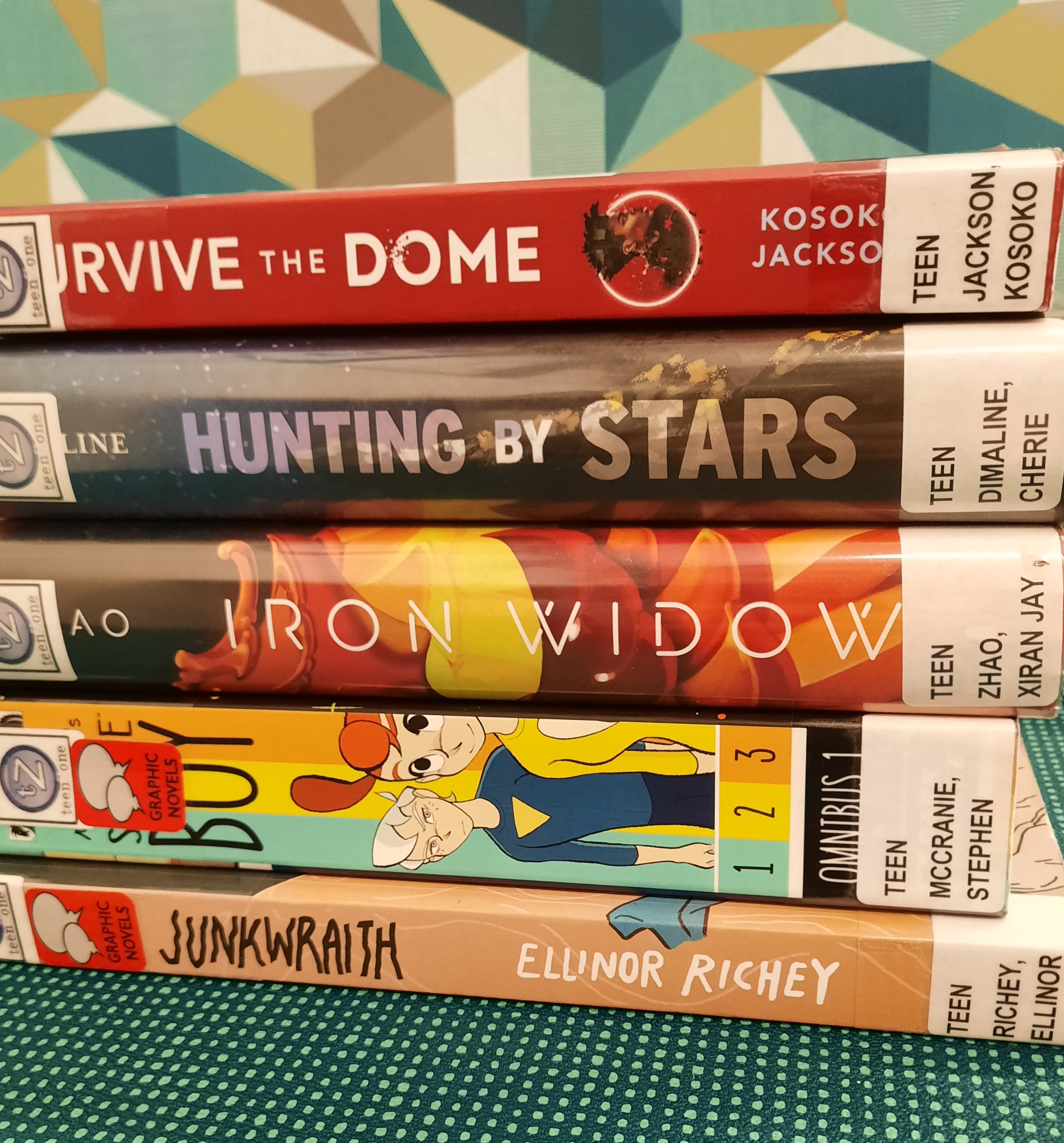 Stack of books. The Spines read from top to bottom "Survive the Dome," "Hunting by Stars," "Iron Widow," "Space Boy," and "Junkwraith"