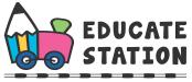 Logo of Educate Station with a train that looks to be made out of a pencil