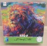 Image of a puzzle cover titled "King of the Jungle" that shows an illustrated rendering of a male lion with vibrant colors.
