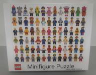 Image of a puzzle cover titled "LEGO minifigure" that shows rows of different lego minifigures in different outfits.