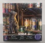 Image of puzzle cover titled "Night Spirit" with two cats sitting on shelves surrounded by multiple bottles of ingredients.
