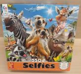 Image of a puzzle cover titled "African Sun" Show multiple animals like a giraffe, zebra, meerkat, rhino, and lemur all smiling.