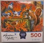 Image of a puzzle cover with a squirrel on a tree stump and three blue jay birds are stealing the squirrels food.