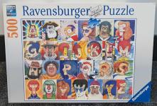 Image of a puzzle cover with many artistic drawings of different faces.