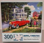 Puzzle cover showing an artistic drawing of a red car parked on the side of the road and a group of people outside the car petting a horse.