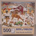 Puzzle cover showing an image of a read house during winter with snow everywhere and deer, chipmunks, squirrels, birds, and other animals are nibbling on some food set out for them.