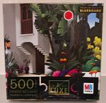 Puzzle cover with an artistic drawing of a modern door way with interesting geometrical shapes and some palm trees.