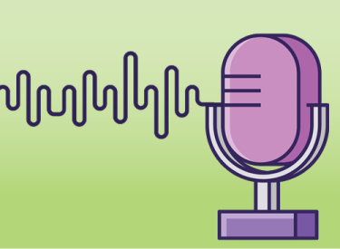 Image with a green background and a cartoon drawing of a podcast microphone with wavelengths flowing out of the mic.